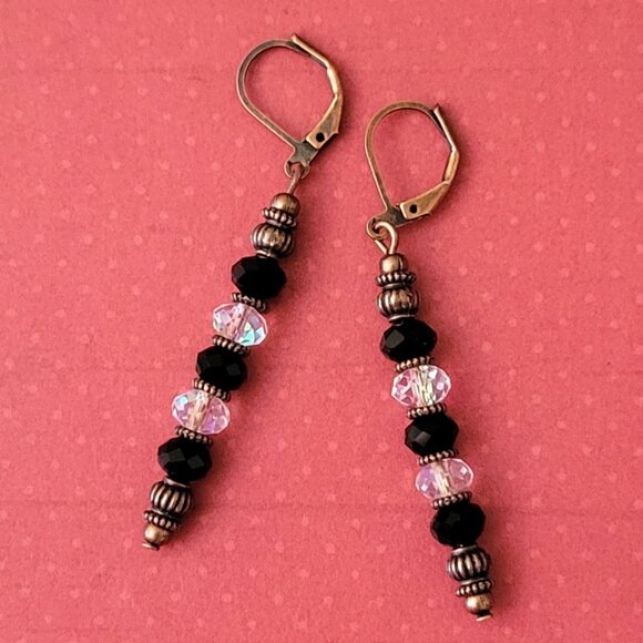 Black White CRYSTAL Rondelle EARRINGS Copper Brass Lever Back Earwires Art Deco - Picture 1 of 5